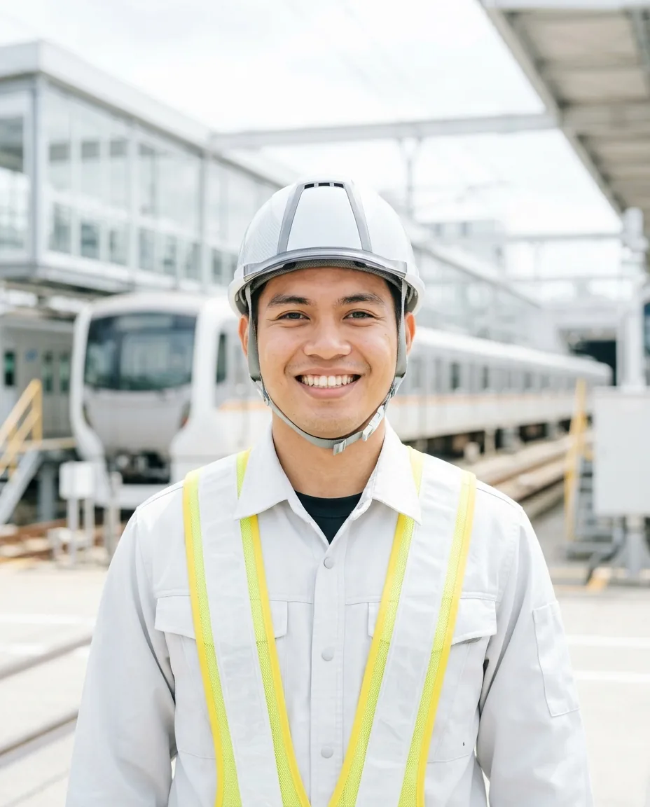 来日前に日本人教師が育てた、ヘルメット姿の若手鉄道作業員のポートレート