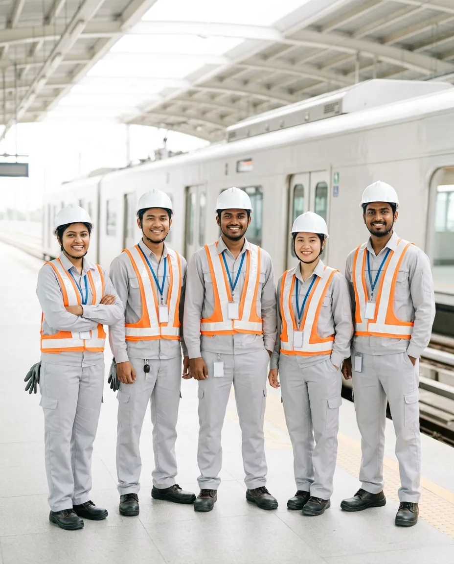 各国5名の鉄道現場チーム（安全ベスト・ヘルメット）