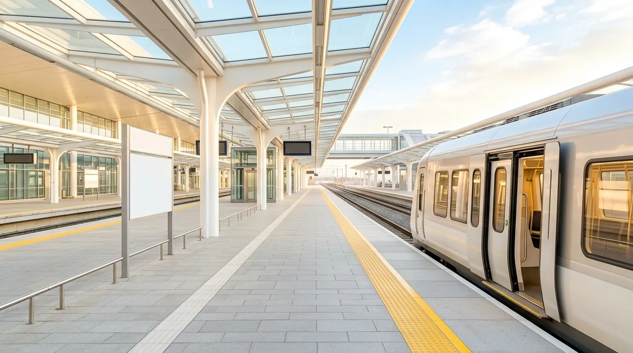 夕景のプラットフォームと発車を待つ車両